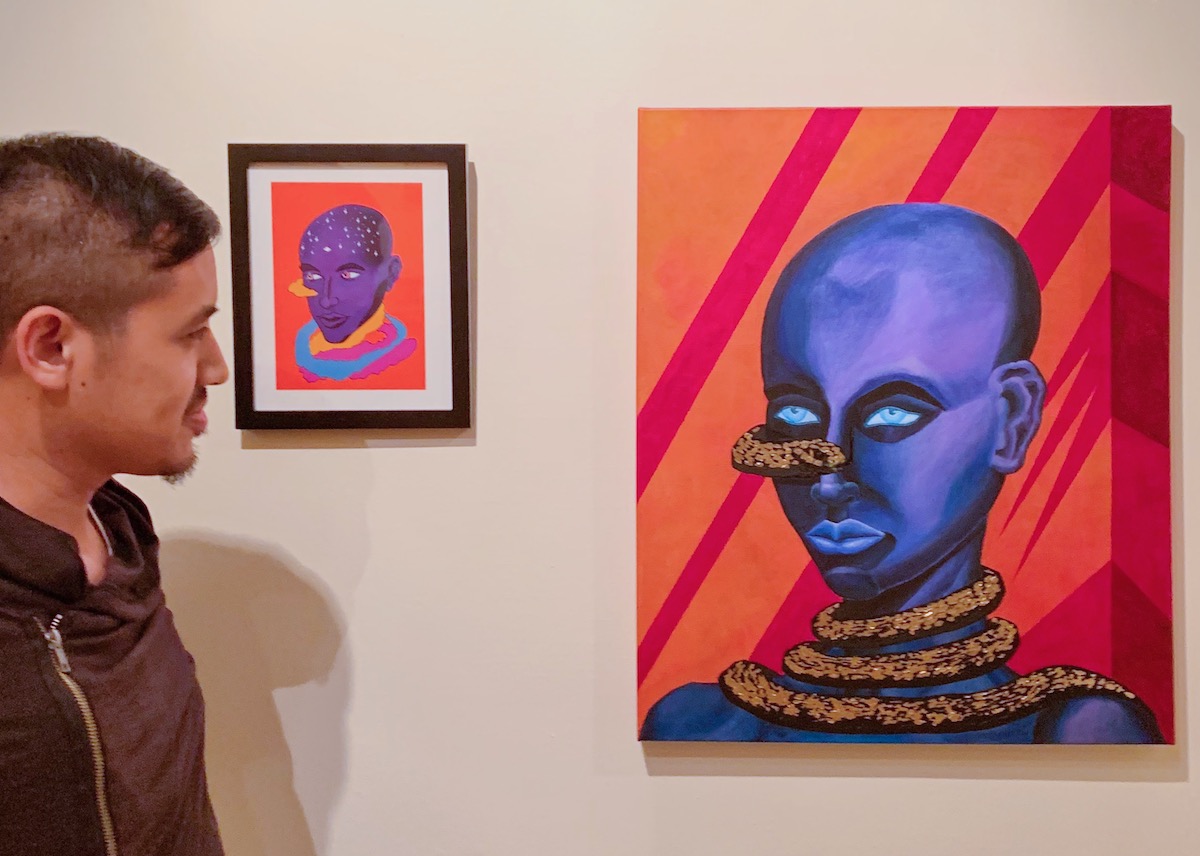 Anthony Le next to "Evening Eyes" painting and a reference illustration