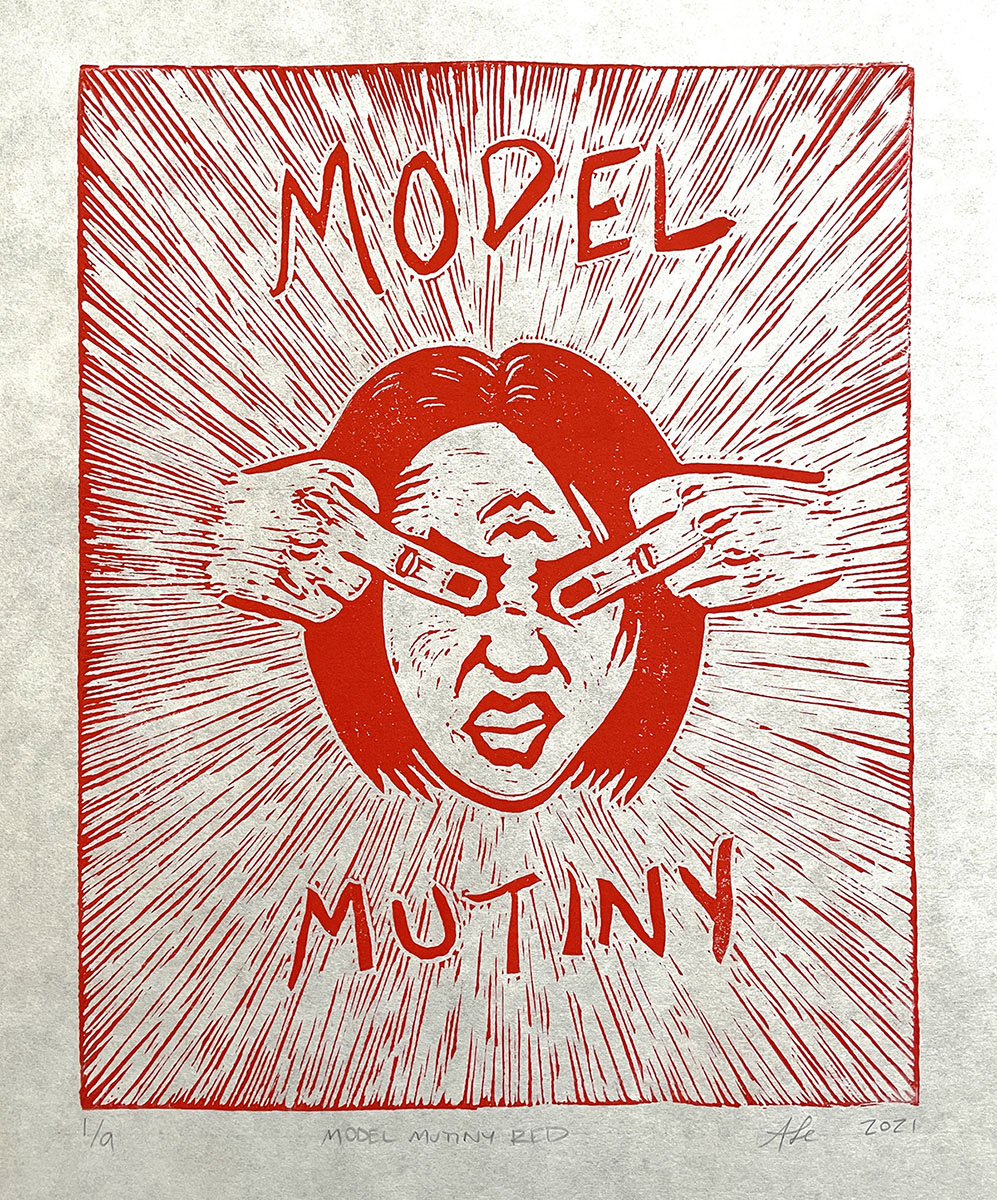 Model Mutiny (red) linocut block print edition 1/9 by Anthony Le