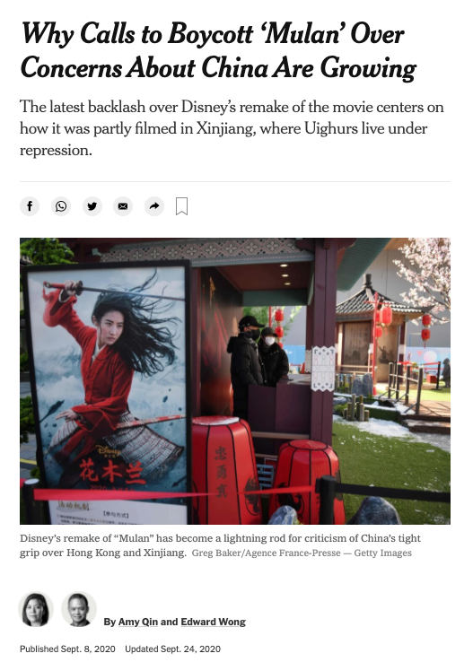 NYTimes - Why Calls to Boycott ‘Mulan’ Over Concerns About China Are Growin screenshot