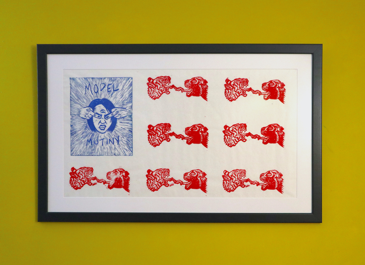 Model Mutiny Flag I (2021) framed linocut print by Anthony Le