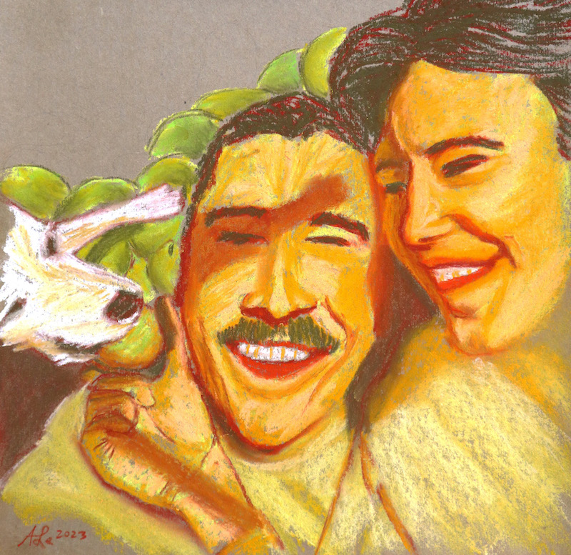 Pastel drawing of Danielle, Patrick, and their dog Artie by Anthony Le