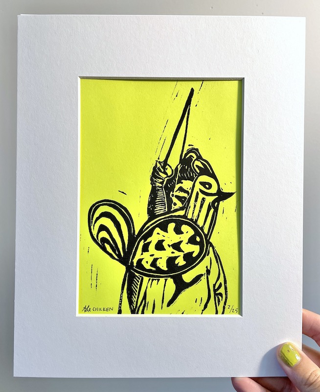 Chicken linocut print with mat by Anthony Le