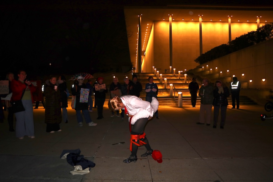 "Thịt Vịt" performance in front of the Kennedy Center at Hands Off The Arts protest on March 6, 2026 | Photo by Ashley Jaye Williams
